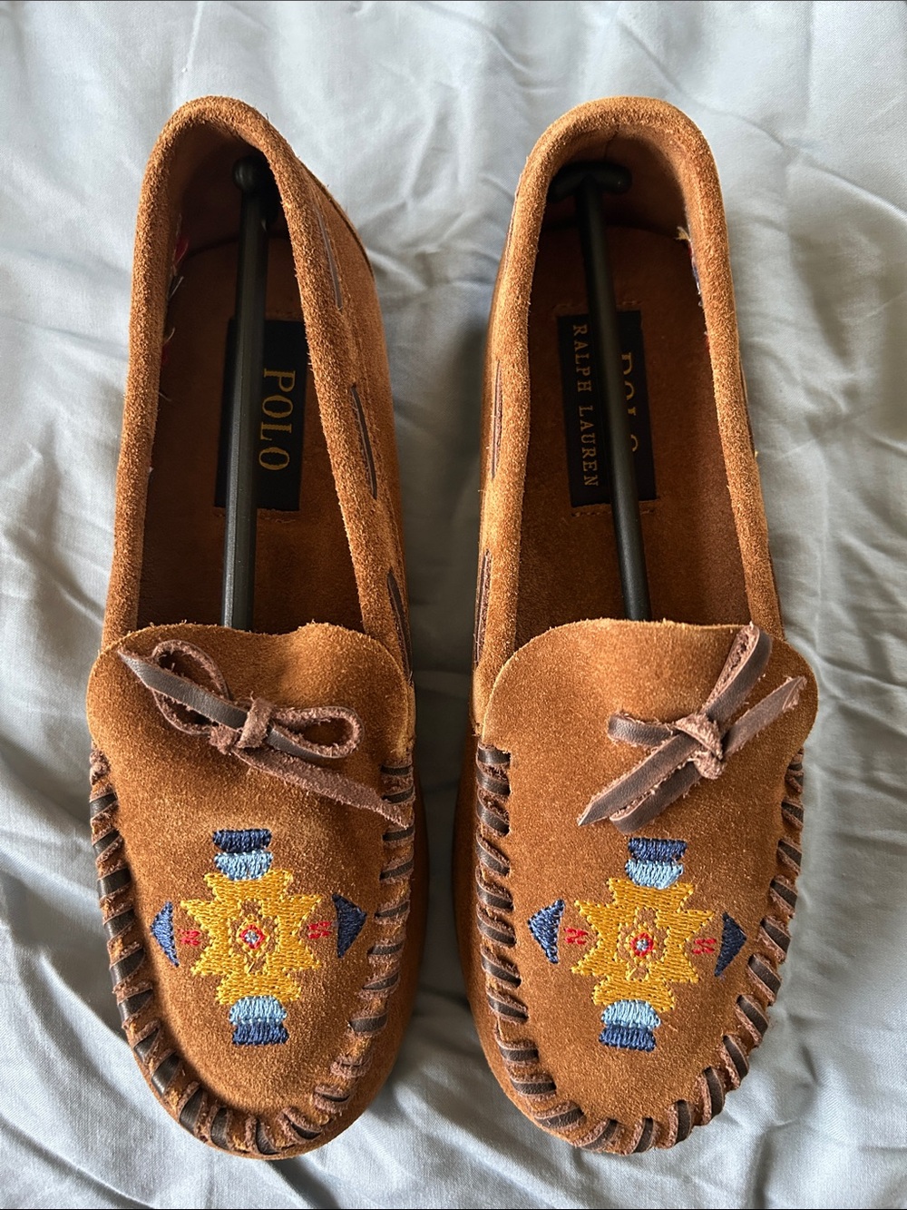 Ralph Lauren Cognac Suede Embroidered Moccasin